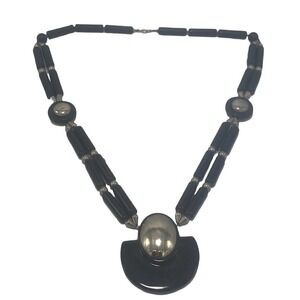 1950s Japan Long Silver Black Ceramic Bead Statement Necklace